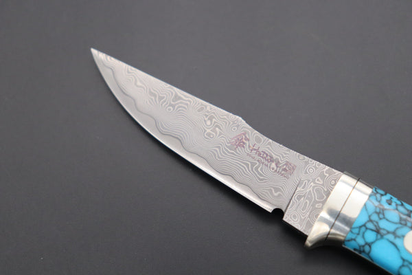 Hattori 傘 SAN Limited Edition SAN-79T2 Limited Cowry-X Damascus Little Hunter (Clip Point, Turquoise Gem-Composite Stone Handle)