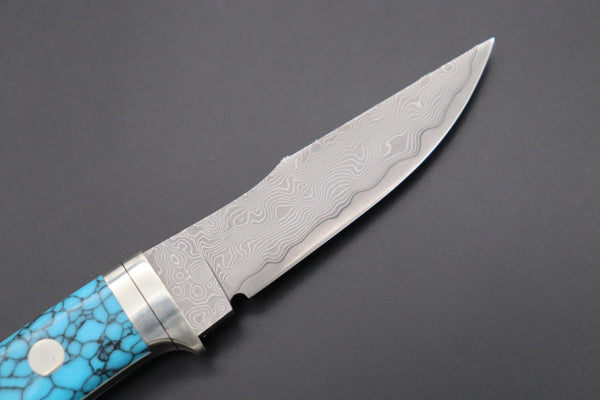 Hattori 傘 SAN Limited Edition SAN-79T2 Limited Cowry-X Damascus Little Hunter (Clip Point, Turquoise Gem-Composite Stone Handle)