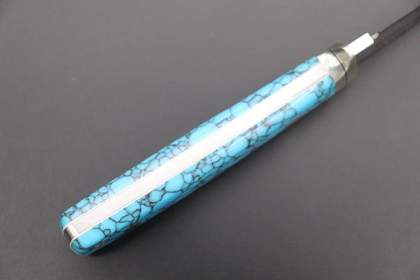 Hattori 傘 SAN Limited Edition SAN-79T2 Limited Cowry-X Damascus Little Hunter (Clip Point, Turquoise Gem-Composite Stone Handle)