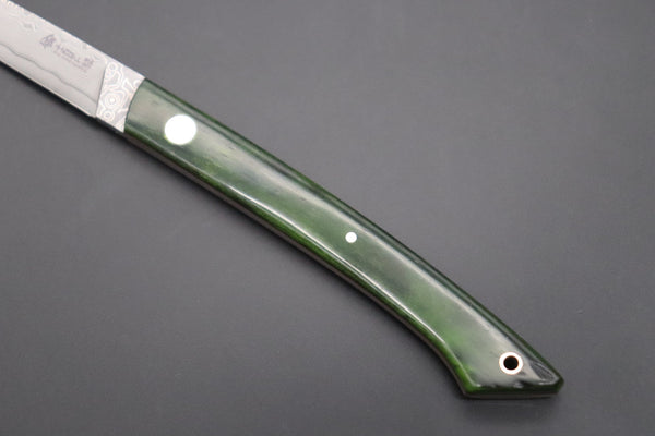 Hattori 傘 SAN Limited Edition SAN-85 Cowry-X Damascus Slim Utility “Hattori Custom Elegant Smooth Green Bone Handle”