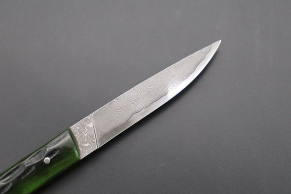 Hattori 傘 SAN Limited Edition SAN-86 Cowry-X Damascus Slim Utility “Hattori Custom Green Jigged Bone Handle”