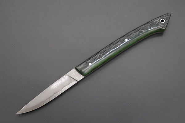 Hattori 傘 SAN Limited Edition SAN-86 Cowry-X Damascus Slim Utility “Hattori Custom Green Jigged Bone Handle”