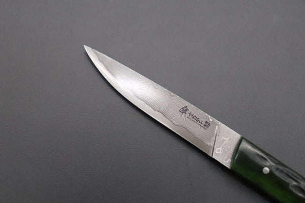 Hattori 傘 SAN Limited Edition SAN-86 Cowry-X Damascus Slim Utility “Hattori Custom Green Jigged Bone Handle”