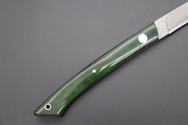 Hattori 傘 SAN Limited Edition SAN-87 Cowry-X Damascus Slim Utility “Hattori Custom Elegant Smooth Green Bone Handle”