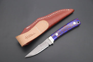 Hattori 傘 SAN Limited Edition SAN-91 Limited Cowry-X Damascus Little Hunter (Clip Point, Deep Blue Turquoise Gem-Composite Stone Handle)