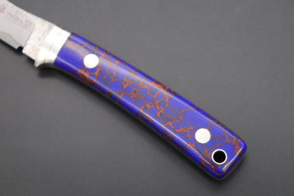 Hattori 傘 SAN Limited Edition SAN-91 Limited Cowry-X Damascus Little Hunter (Clip Point, Deep Blue Turquoise Gem-Composite Stone Handle)