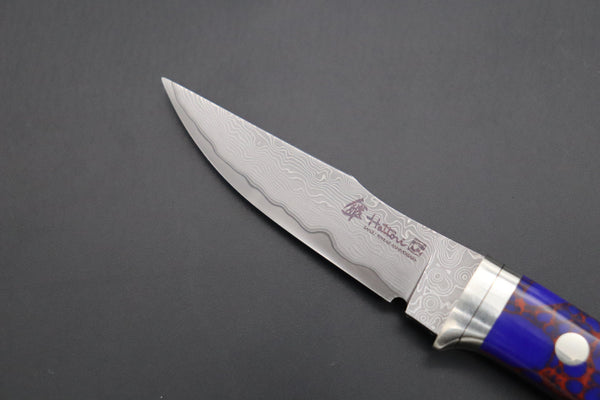 Hattori 傘 SAN Limited Edition SAN-91 Limited Cowry-X Damascus Little Hunter (Clip Point, Deep Blue Turquoise Gem-Composite Stone Handle)