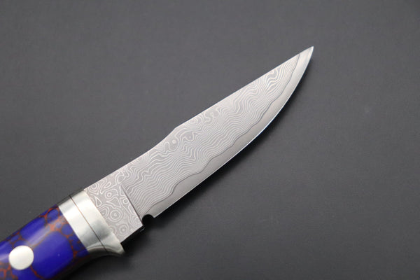 Hattori 傘 SAN Limited Edition SAN-91 Limited Cowry-X Damascus Little Hunter (Clip Point, Deep Blue Turquoise Gem-Composite Stone Handle)