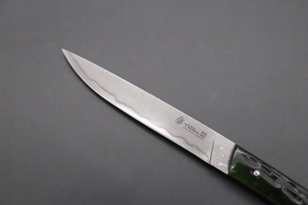Hattori 傘 SAN Limited Edition SAN-96 Cowry-X Damascus Slim Utility “Hattori Custom Green Jigged Bone Handle”