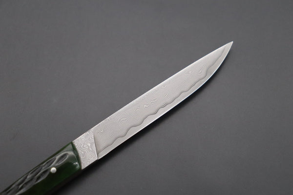 Hattori 傘 SAN Limited Edition SAN-96 Cowry-X Damascus Slim Utility “Hattori Custom Green Jigged Bone Handle”