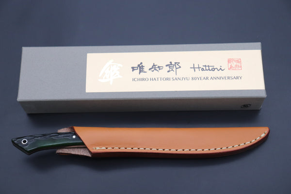 Hattori 傘 SAN Limited Edition SAN-96 Cowry-X Damascus Slim Utility “Hattori Custom Green Jigged Bone Handle”