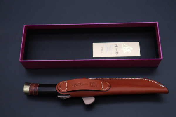 Hattori 傘 SAN Limited Hattori Natures Edition SAN-144 Cowry-X Damascus Special Utility Hunter "Custom Combination Handle African Ebonywood Handle with Quince Burl Wood" - japaneseknifedirect.mom