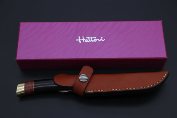 Hattori 傘 SAN Limited Hattori Natures Edition SAN-144 Cowry-X Damascus Special Utility Hunter "Custom Combination Handle African Ebonywood Handle with Quince Burl Wood" - japaneseknifedirect.mom