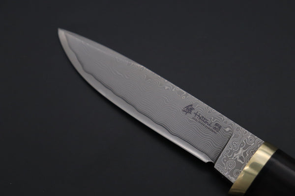 Hattori 傘 SAN Limited Hattori Natures Edition SAN-144 Cowry-X Damascus Special Utility Hunter "Custom Combination Handle African Ebonywood Handle with Quince Burl Wood" - japaneseknifedirect.mom