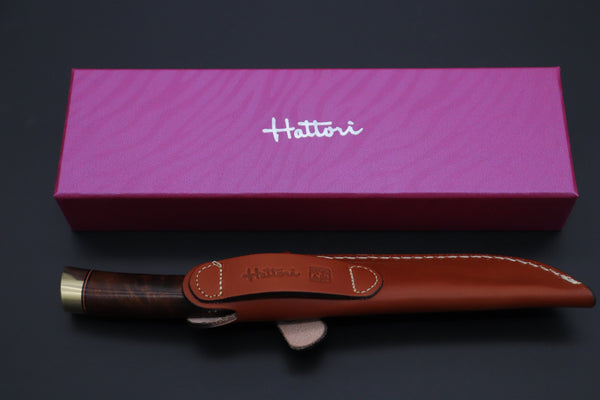 Hattori 傘 SAN Limited Hattori Natures Edition SAN-147 Cowry-X Damascus Special Utility Hunter "Custom Combination Handle Desert Ironwood Handle with Spiny Oyster Gem-Composite Stone" - japaneseknifedirect.mom