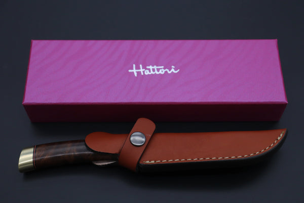 Hattori 傘 SAN Limited Hattori Natures Edition SAN-147 Cowry-X Damascus Special Utility Hunter "Custom Combination Handle Desert Ironwood Handle with Spiny Oyster Gem-Composite Stone" - japaneseknifedirect.mom