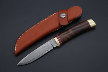 Hattori 傘 SAN Limited Hattori Natures Edition SAN-147 Cowry-X Damascus Special Utility Hunter "Custom Combination Handle Desert Ironwood Handle with Spiny Oyster Gem-Composite Stone" - japaneseknifedirect.mom