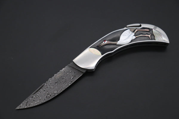 Ikuo Nagata Custom Folding Knife - IN-110 Red-Crowned Crane Raden Art