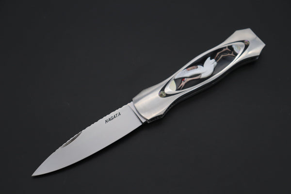 Ikuo Nagata Custom Folding Knife - IN-115 "STILETTO" Red-Crowned Crane Raden Art