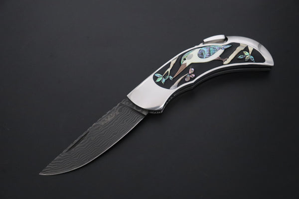 Ikuo Nagata Custom Folding Knife - IN-130 Kawasemi (Kingfisher) Raden (螺鈿) Art