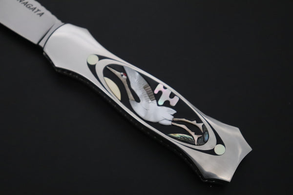 Ikuo Nagata Custom Folding Knife - IN-135 "STILETTO" Red-Crowned Crane Raden (螺鈿) Art