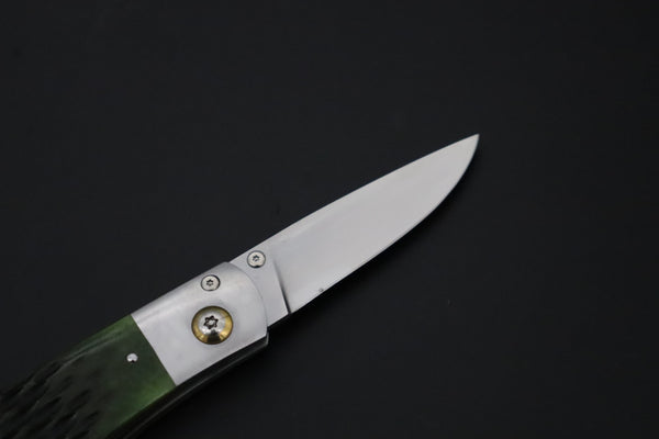 Ikuo Nagata Custom Folding Knife - IN-150 Bullet inlaid Jigg Bone Handle with Multi-Function Button