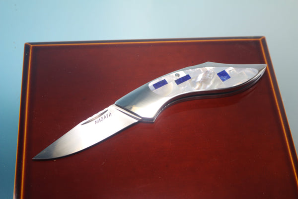 Ikuo Nagata IN-10 RWL-34 Back-Lock Folder, Mosaic MOP + Lapis Lazuli inlaid Handle - japaneseknifedirect.mom