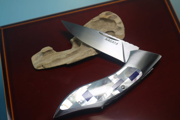 Ikuo Nagata IN-10 RWL-34 Back-Lock Folder, Mosaic MOP + Lapis Lazuli inlaid Handle - japaneseknifedirect.mom