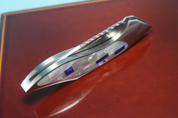 Ikuo Nagata IN-10 RWL-34 Back-Lock Folder, Mosaic MOP + Lapis Lazuli inlaid Handle - japaneseknifedirect.mom