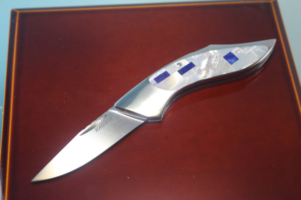 Ikuo Nagata IN-10 RWL-34 Back-Lock Folder, Mosaic MOP + Lapis Lazuli inlaid Handle - japaneseknifedirect.mom