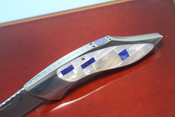 Ikuo Nagata IN-10 RWL-34 Back-Lock Folder, Mosaic MOP + Lapis Lazuli inlaid Handle - japaneseknifedirect.mom