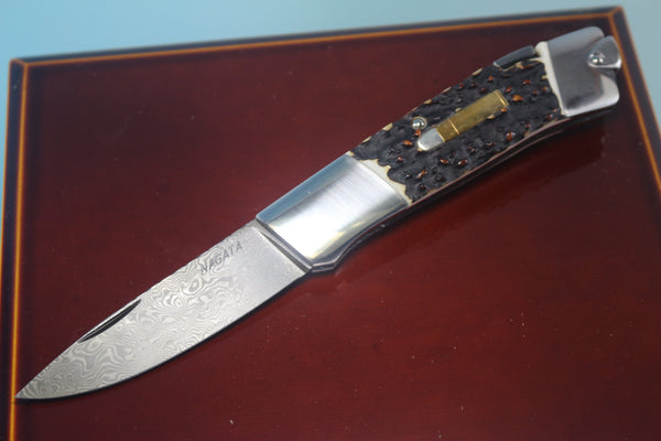 Ikuo Nagata IN-40 Carbon Damascus Back-Lock Folder, Sambar Stag Handle with Bullet inlay