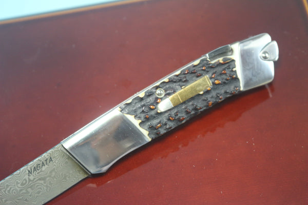 Ikuo Nagata IN-40 Carbon Damascus Back-Lock Folder, Sambar Stag Handle with Bullet inlay