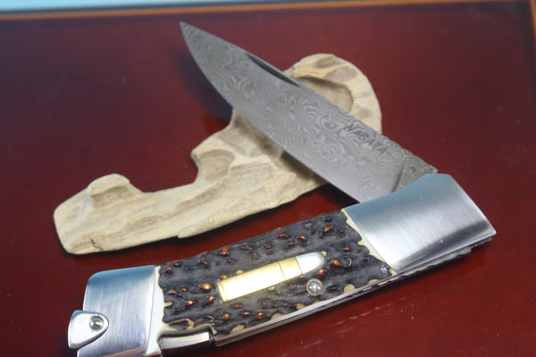 Ikuo Nagata IN-40 Carbon Damascus Back-Lock Folder, Sambar Stag Handle with Bullet inlay