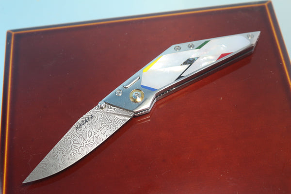 Ikuo Nagata IN-50 Damascus Double Assisted Folder, Mosaic MOP Handle - japaneseknifedirect.mom