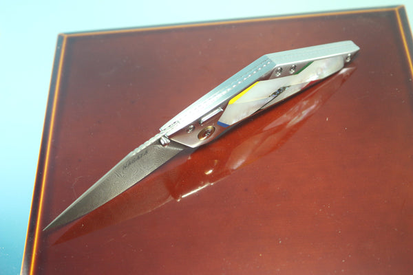 Ikuo Nagata IN-50 Damascus Double Assisted Folder, Mosaic MOP Handle - japaneseknifedirect.mom