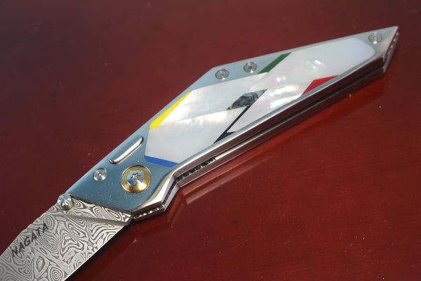 Ikuo Nagata IN-50 Damascus Double Assisted Folder, Mosaic MOP Handle - japaneseknifedirect.mom
