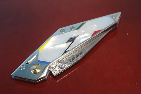 Ikuo Nagata IN-50 Damascus Double Assisted Folder, Mosaic MOP Handle - japaneseknifedirect.mom