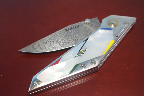 Ikuo Nagata IN-50 Damascus Double Assisted Folder, Mosaic MOP Handle - japaneseknifedirect.mom