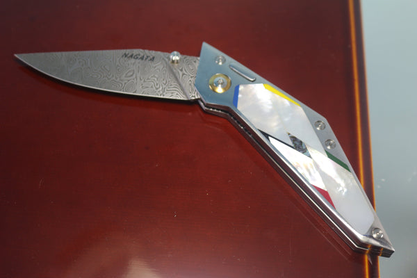 Ikuo Nagata IN-50 Damascus Double Assisted Folder, Mosaic MOP Handle - japaneseknifedirect.mom
