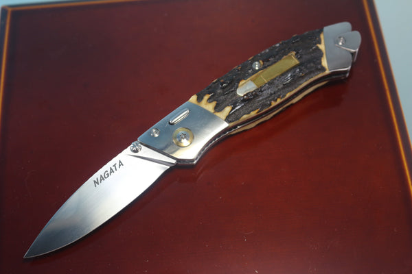 Ikuo Nagata IN-60 RWL-34 Double Assisted Folder, Sambar Stag Handle