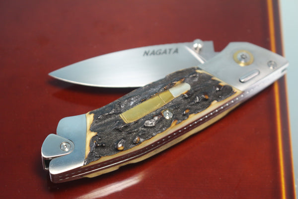 Ikuo Nagata IN-60 RWL-34 Double Assisted Folder, Sambar Stag Handle