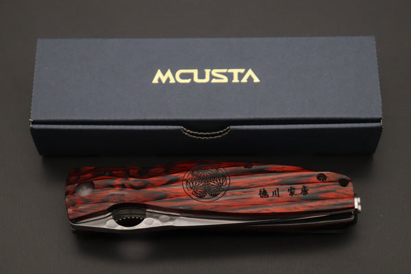 Mcusta SENGOKU Series MC-183G "TOKUGAWA IEYASU" SPG-2 SAN MAI Blade with Red-Pakkawood handle, Now with Pocket Clip - japaneseknifedirect.mom