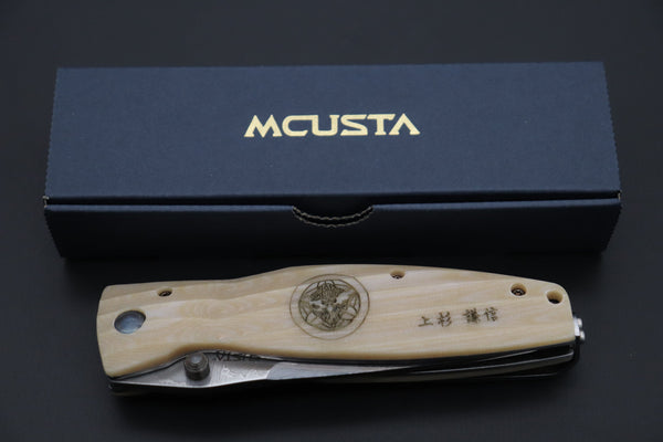 Mcusta SENGOKU Series MC-185D "UESUGI KENSHIN" VG-10 Damascus Blade with White Micarta Handle (Now with Pocket Clip) - japaneseknifedirect.mom