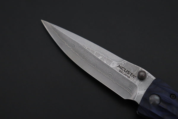 Mcusta SENGOKU Series MC-186D "DATE MASAMUNE" VG-10 Damascus Blade with Blue Pakkawood Handle, Now with Pocket Clip! - japaneseknifedirect.mom