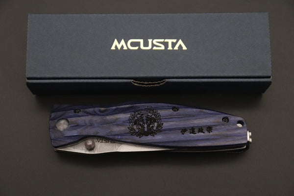Mcusta SENGOKU Series MC-186D "DATE MASAMUNE" VG-10 Damascus Blade with Blue Pakkawood Handle, Now with Pocket Clip! - japaneseknifedirect.mom