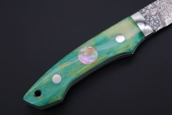 Mr. Itou  IT-1010 Drop Point Utility Hunter, 3.4" R-2 Damascus Blade,Green Camelbone Handle