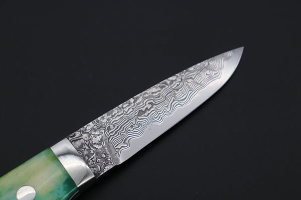 Mr. Itou  IT-1010 Drop Point Utility Hunter, 3.4" R-2 Damascus Blade,Green Camelbone Handle