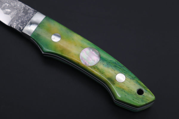 Mr. Itou  IT-1010 Drop Point Utility Hunter, 3.4" R-2 Damascus Blade,Green Camelbone Handle