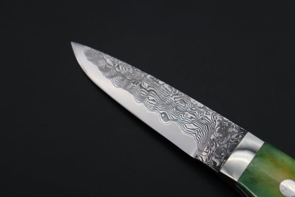 Mr. Itou  IT-1010 Drop Point Utility Hunter, 3.4" R-2 Damascus Blade,Green Camelbone Handle